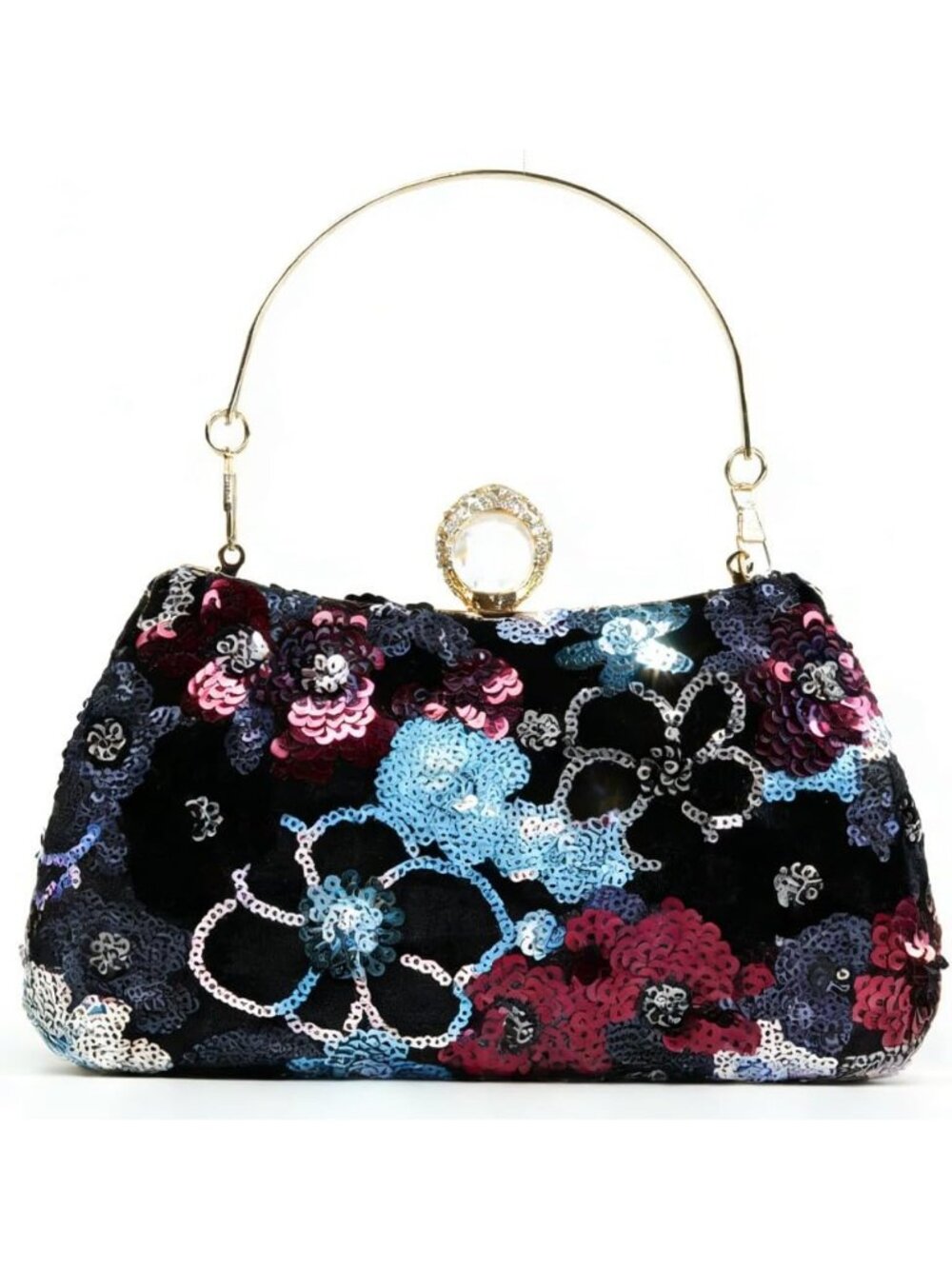 Women's Blue Floral Sequin Embroidered Evening Clutch Wedding Crossbody Bag
